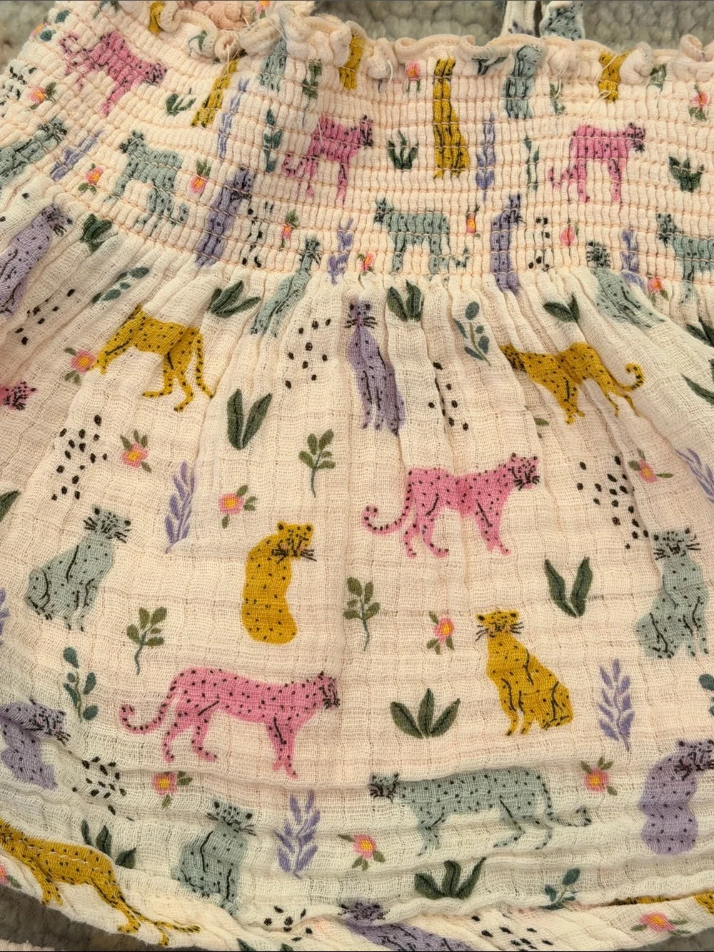 Girls' White Smocked Tank Dress & Bloomers Set with Pastel Safari Leopard Print